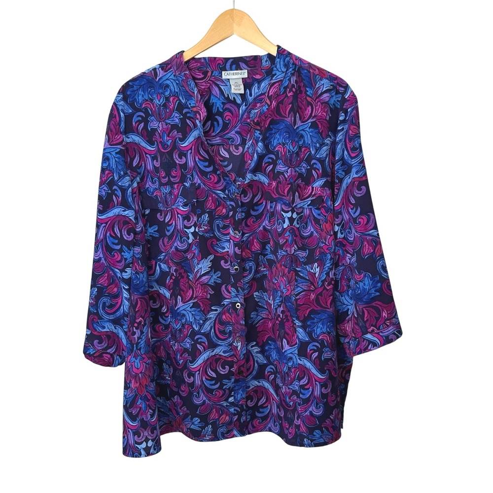 Catherines Button Up‎ Floral Shirt Womens 3X Top Purple Blue Career Work Office